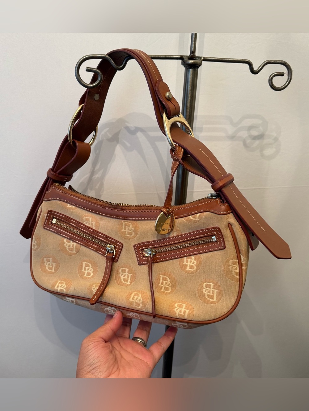 Dooney & Bourke Beige Brown Logo Shoulder Bag with Bag Charm and Zip Closure